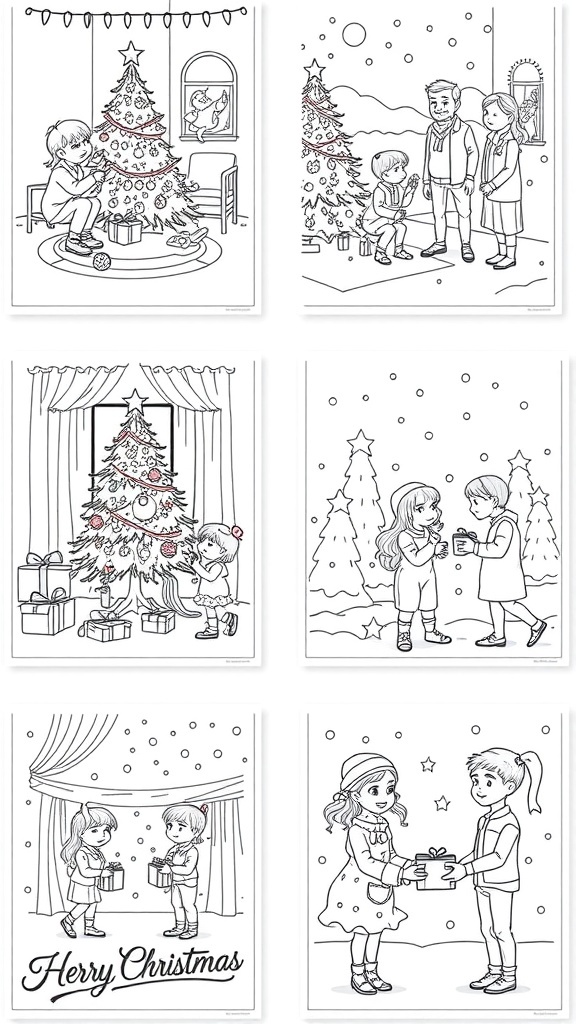 Christmas Coloring Pages for People A selection of Christmas coloring pages depicting people in holiday scenes, ready for coloring.